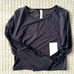 Athleta Sheer Black Velvet Rose Crop Top Size: L